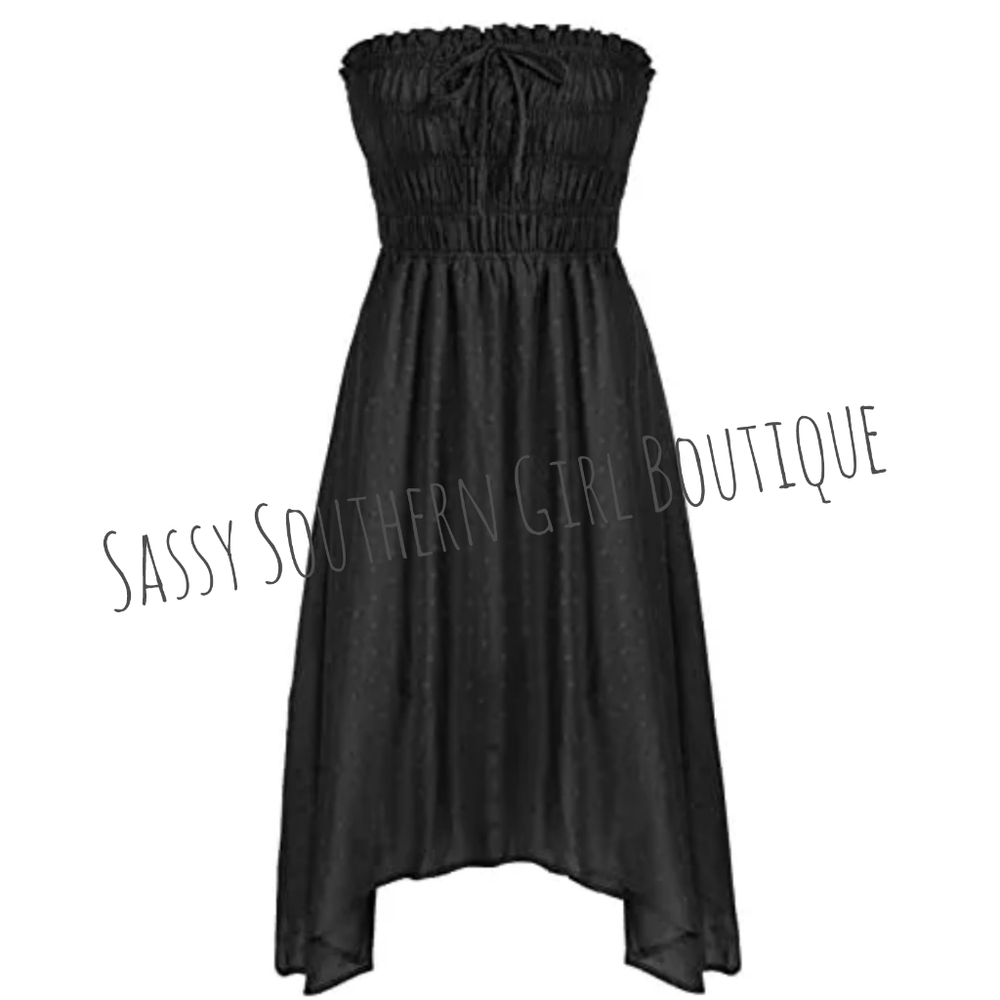🆕⭐ Black Strapless Smocked Midi Dress